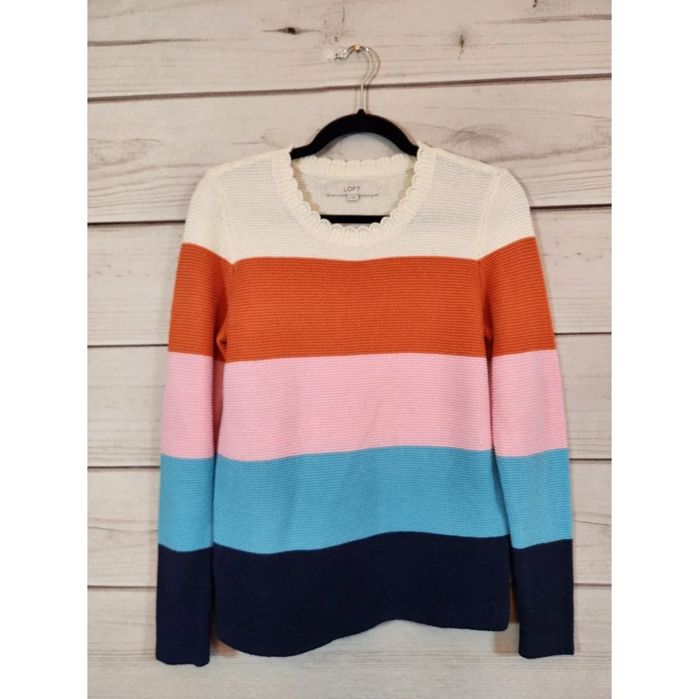 LOFT Womens Small Multicolor Striped Scalloped Crew Neck‎ Pullover Sweater